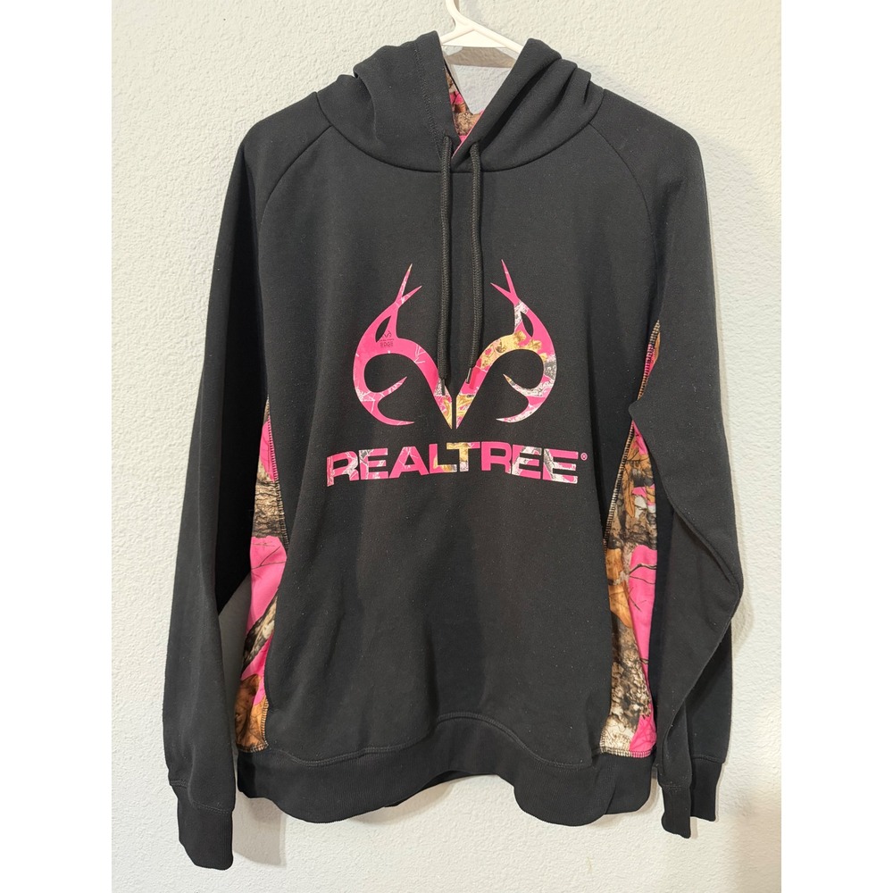 Realtree Womens Hoodie Black Pink Camo Logo Pullover Sweatshirt Raglan Sleeve